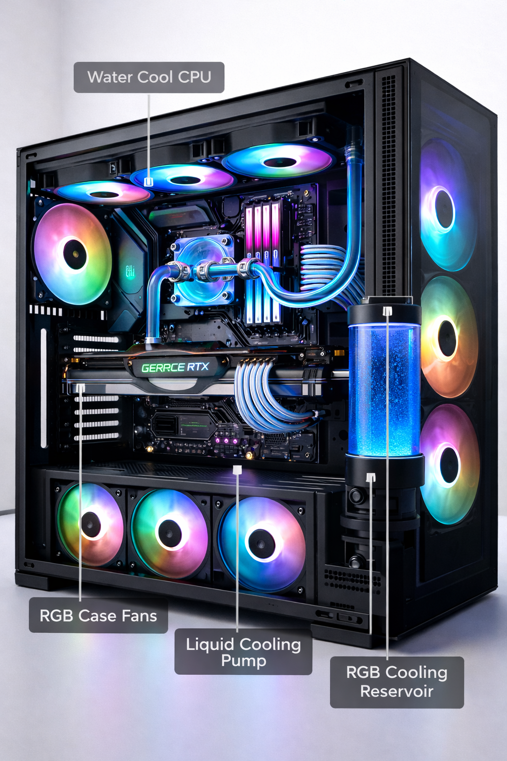 Labeled water-cooled custom PC build