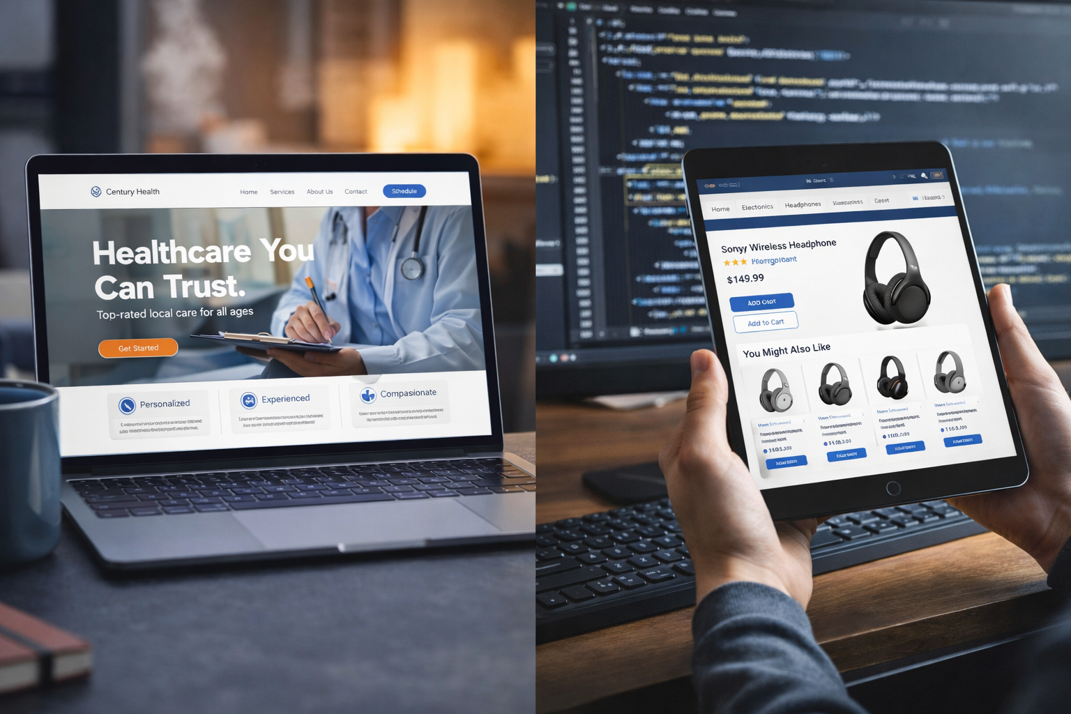 Examples of modern web development layouts on laptop and tablet screens